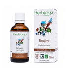 A bottle of Herbiolys Laboratoire Heather gemmotherapy supplement next to its white product box, featuring botanical illustrations and French text, on a white background.