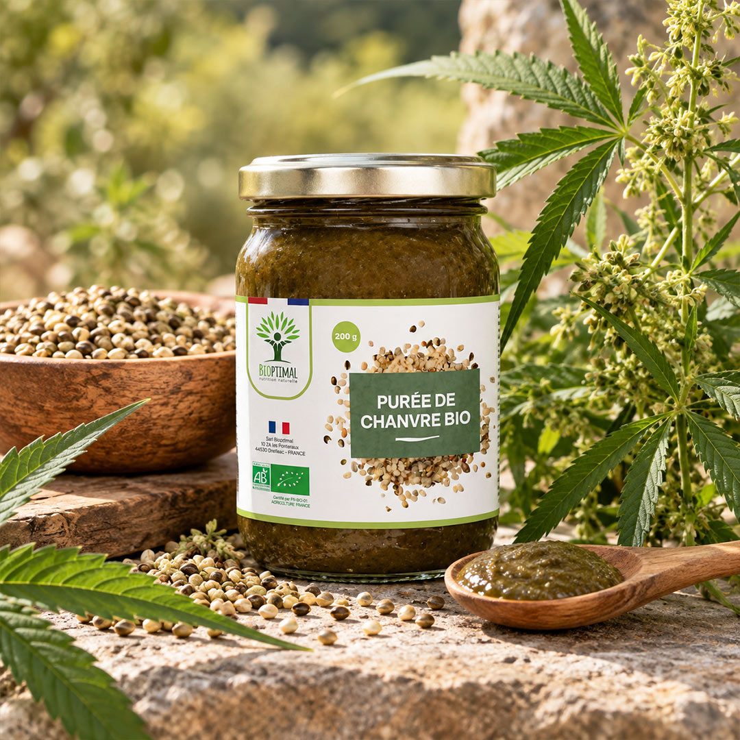 A jar of bio hemp puree by Bioptimal, styled on a rustic stone surface with hemp leaves, seeds, and a wooden spoon of the green puree.