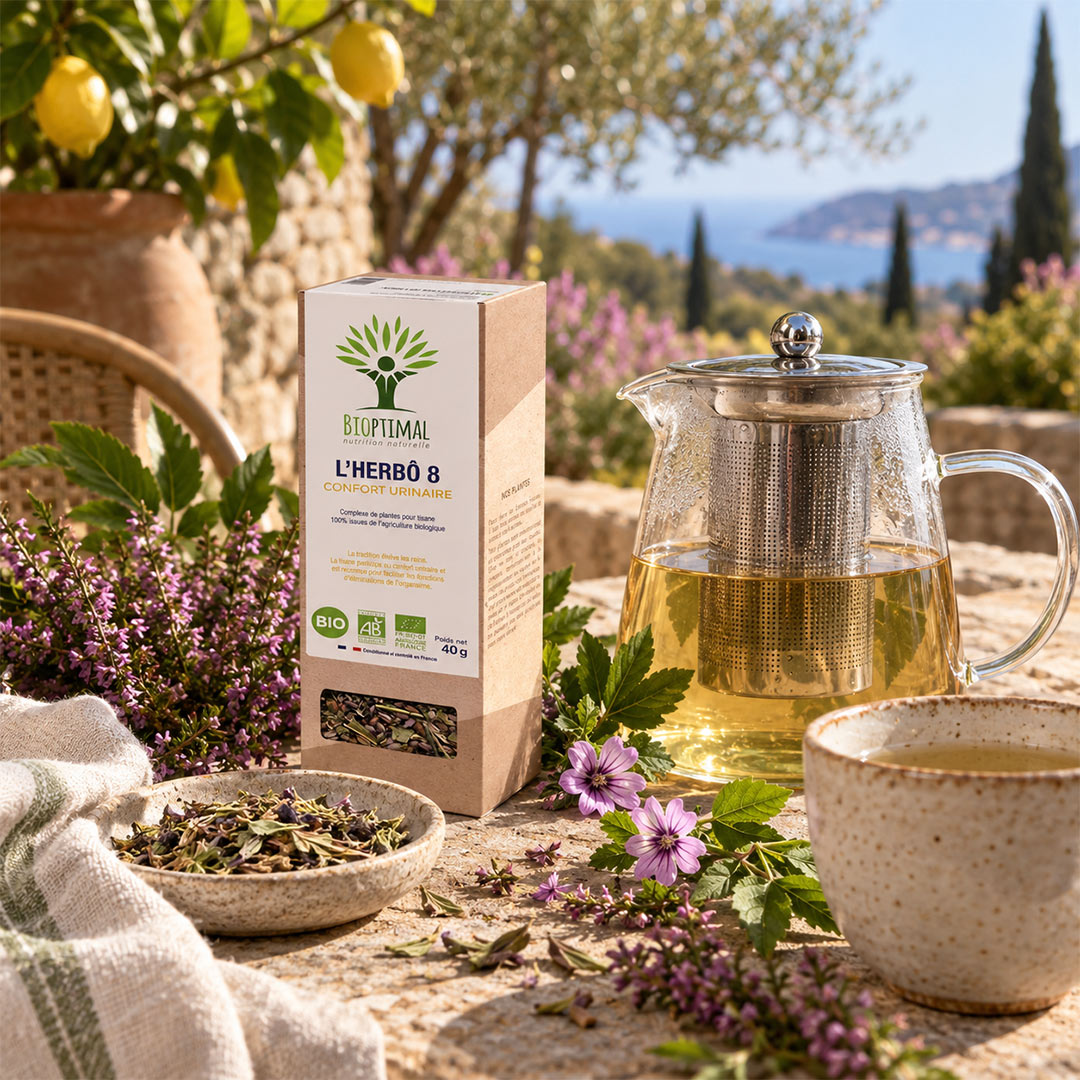 A box of Bioptimal L'Herbò 8 tea stands on a stone table beside a glass teapot filled with pale golden tea, a ceramic cup, loose tea leaves, and purple flowers, with an outdoor garden and sea in the background.