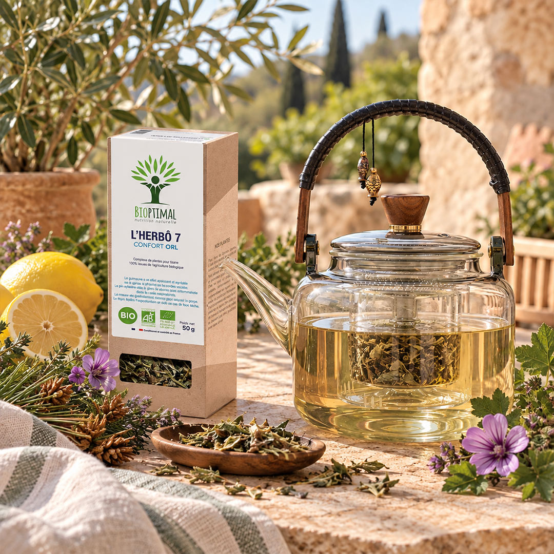 A glass teapot filled with brewed herbal tea sits beside a kraft paper box of Bioptimal L'Herbó 7 organic herbal tea, styled on a stone surface with lemons, flowers, and greenery in an outdoor garden setting.