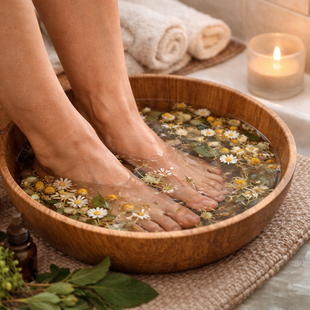 Feet in a bowl of water with flowers and candles in the background