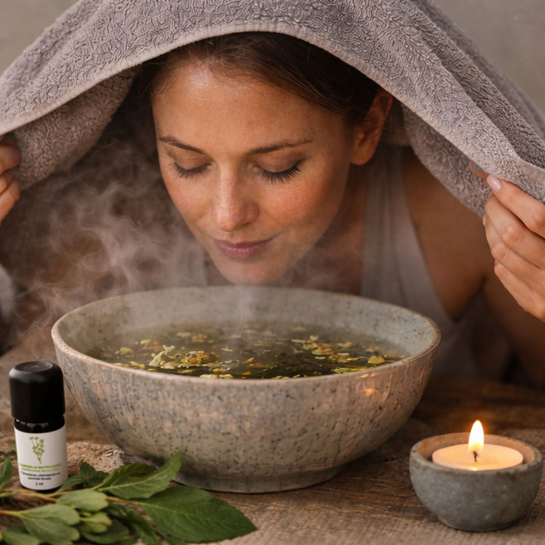A woman holding her face over a steaming bowl of herbs with a towel over her head