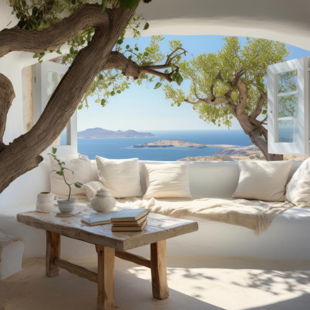 A living room with a off-white sofa in front of an open window with a ocean view.