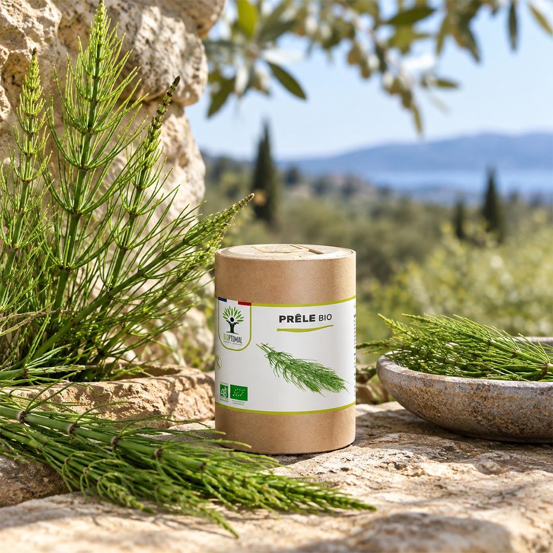 A cylindrical kraft paper jar labeled 'PRÈLE BIO' with a white botanical label sits outdoors on a stone surface beside fresh green herb sprigs and a bowl, with a blurred olive garden landscape in the background.