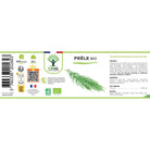 Front and back views of a Bioptimal 'Prèle Bio' organic horsetail supplement label, showing product details, ingredients, and barcode on a white background.