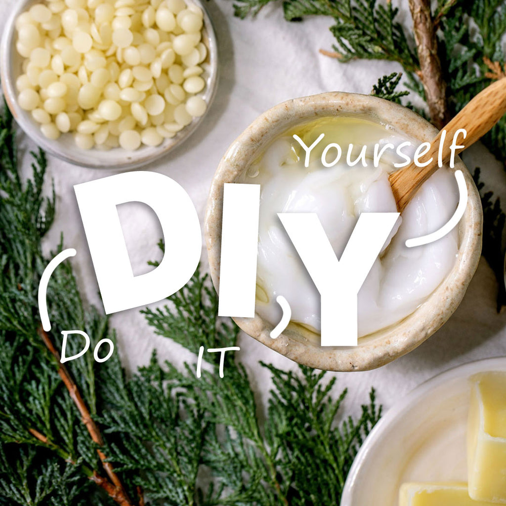 Banner image of cypress branches, olive nuggets and coconut oil in small ceramic bowls as ingredients in your do-it-yourself cosmetics and hygiene products