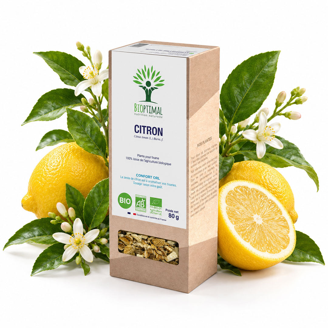 A kraft paper box of Bioptimal Citron peel organic infusion surrounded by fresh lemons, green leaves, and small white flowers on a white background.