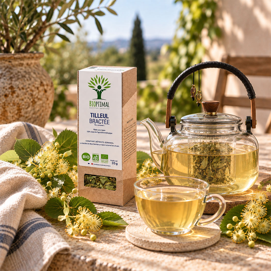 A glass teapot filled with pale yellow tea and a matching glass cup on a table, alongside a kraft tea box labeled Bioptimal Tilleul Bracée, with linden flowers and greenery in an outdoor garden setting.