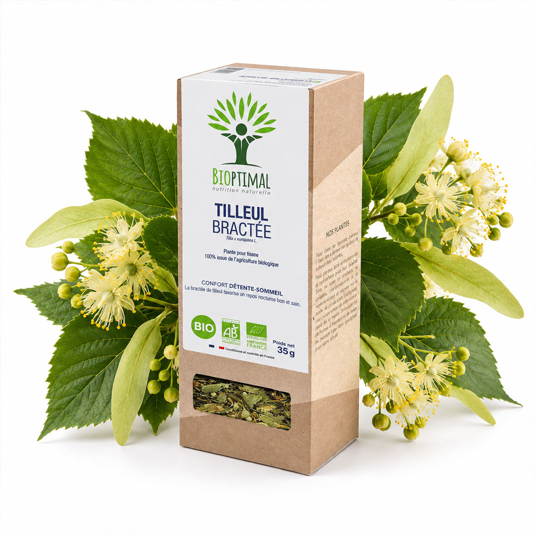 A box of Bioptimal Tilleul Brachée organic borage leaves, styled with fresh green borage leaves and pale yellow flowers on a clean white background.