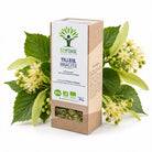 A box of Bioptimal Tilleul Brachée organic borage leaves, styled with fresh green borage leaves and pale yellow flowers on a clean white background.