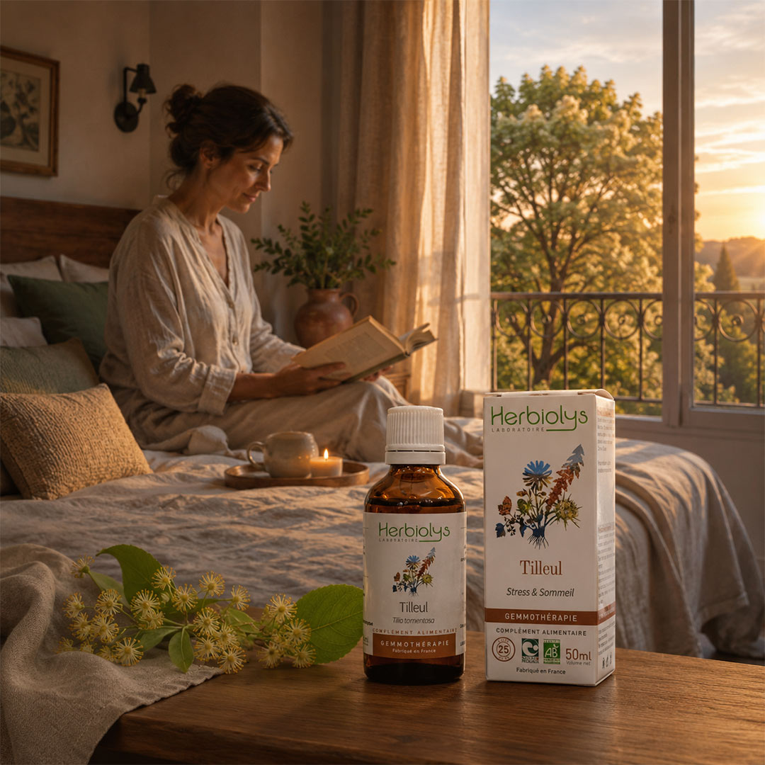 A woman sits on a bed reading in a warm bedroom, with a bottle and box of Herbiolys Linden Bud Extract bottle placed on a wooden table in the foreground.