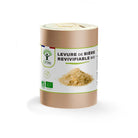 A cylindrical kraft paper container of Bioptimal live brewer's yeast powder, featuring a white label with green accents and a photo of the beige powder.