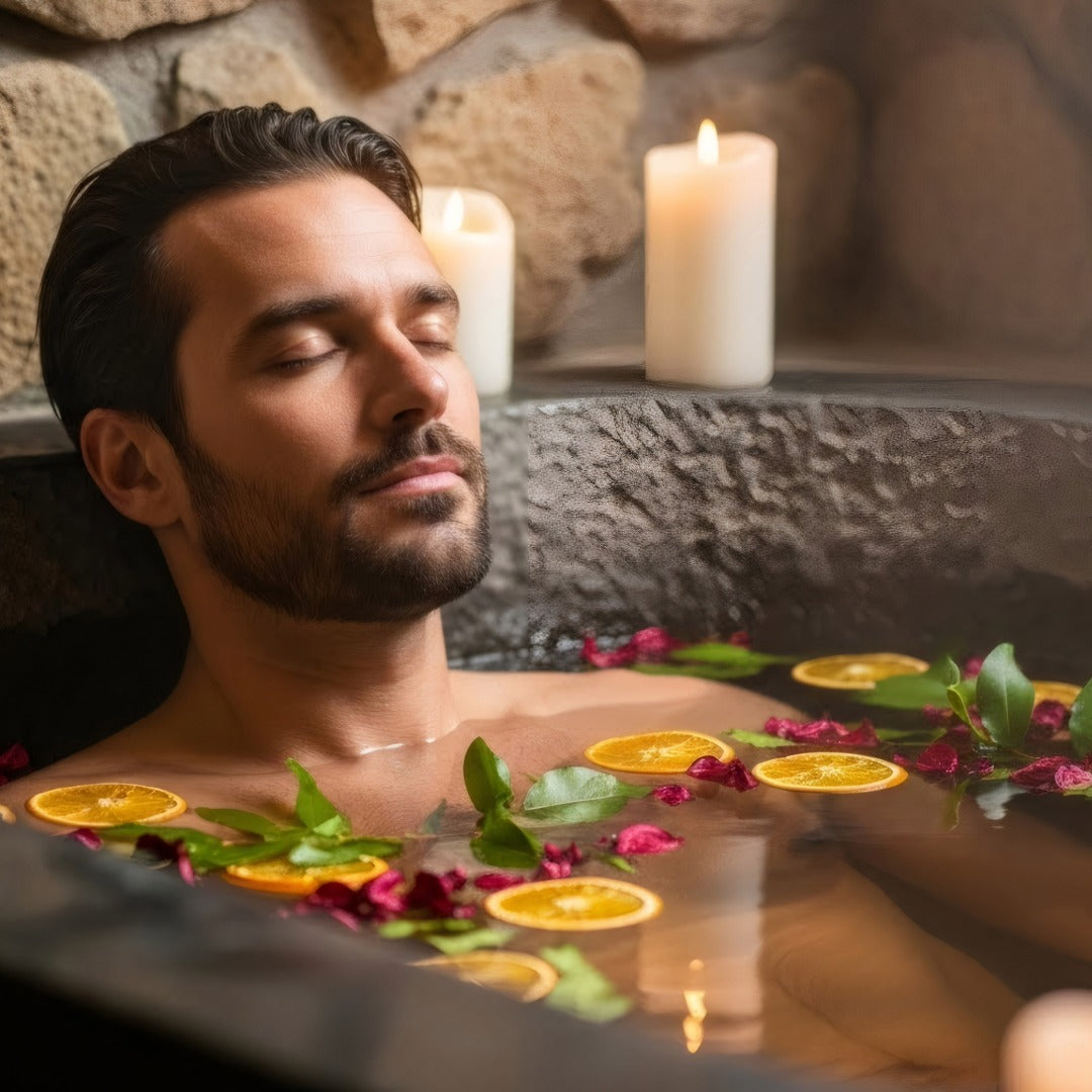 Man relaxing in a bathtub with floating oranges and flowers, candles in the background