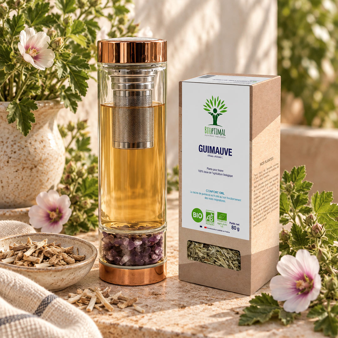 A clear glass teapot with a copper-toned lid and base, filled with amber tea and topped with a metal infuser, stands beside its kraft paper box labeled 'Bioptimal' and 'Guimauve'. The scene is styled outdoors on a stone surface with green leaves, pink flowers, and a small bowl of loose tea ingredients.