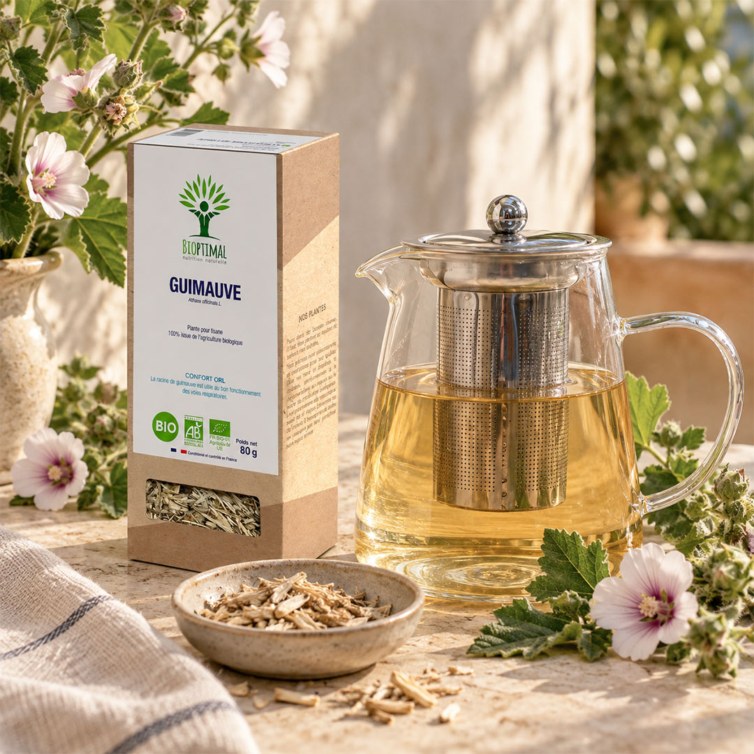 A box of Bioptimal Guimauve herbal tea stands beside a clear glass teapot with a metal infuser, filled with pale golden tea, on a sunlit stone surface with flowers and loose tea leaves around it.