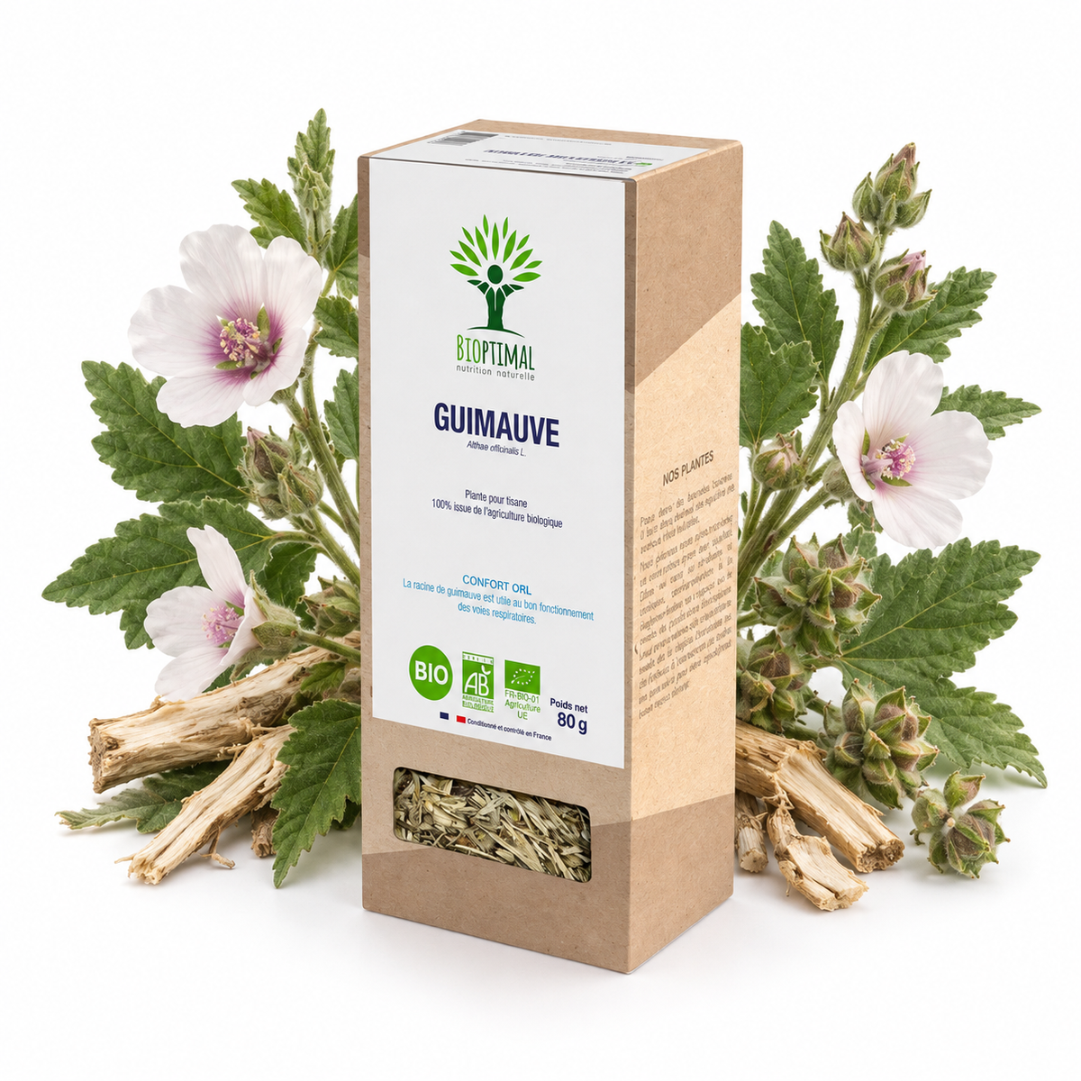 A box of Bioptimal Guimauve herbal tea stands on a white background, surrounded by fresh green leaves, pink flowers, and small pieces of dried bark. The kraft paper box has a white front label with green and blue certification logos.
