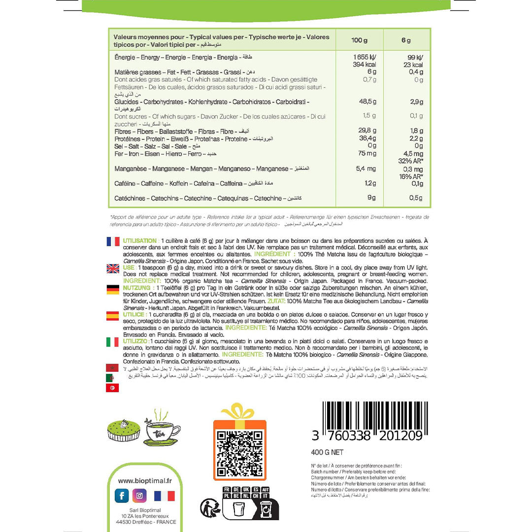 The back of a French packaged label showing nutrition facts, ingredients list, usage instructions, barcode, and website in green, black, and white text on a white background.