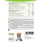 The back of a French packaged label showing nutrition facts, ingredients list, usage instructions, barcode, and website in green, black, and white text on a white background.