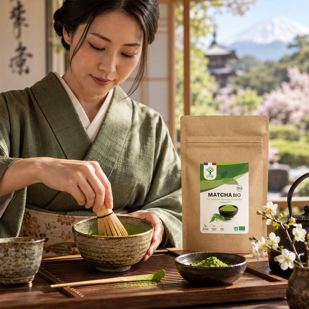 A woman in a green kimono prepares matcha tea while a stand-up pouch labeled MATCHA BIO stands beside her on a wooden table. The scene is set in a traditional Japanese interior with a blurred background of Mount Fuji and cherry blossoms.