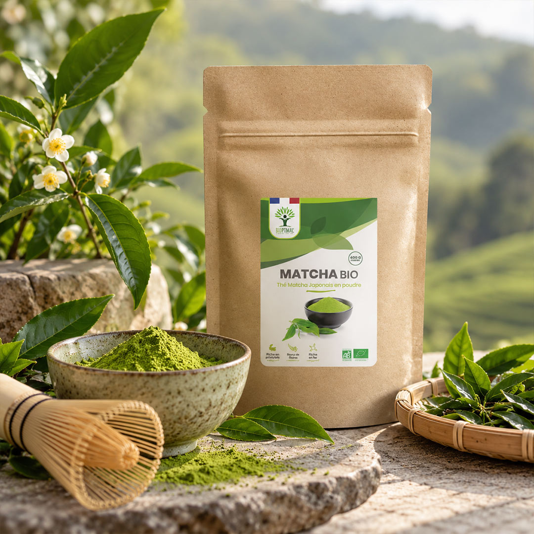 A kraft paper pouch of matcha green tea powder stands on a stone surface outdoors, surrounded by matcha leaves, a bowl of green powder, a bamboo whisk, and a blurred mountain landscape in the background.