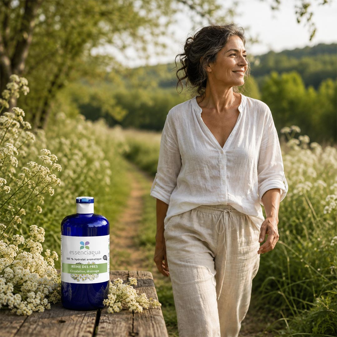 A woman in a white linen shirt and beige pants walks along a sunlit path surrounded by wildflowers, with a blue bottle of Essenciagua Meadowsweet hydrosol placed on a wooden table in the foreground.