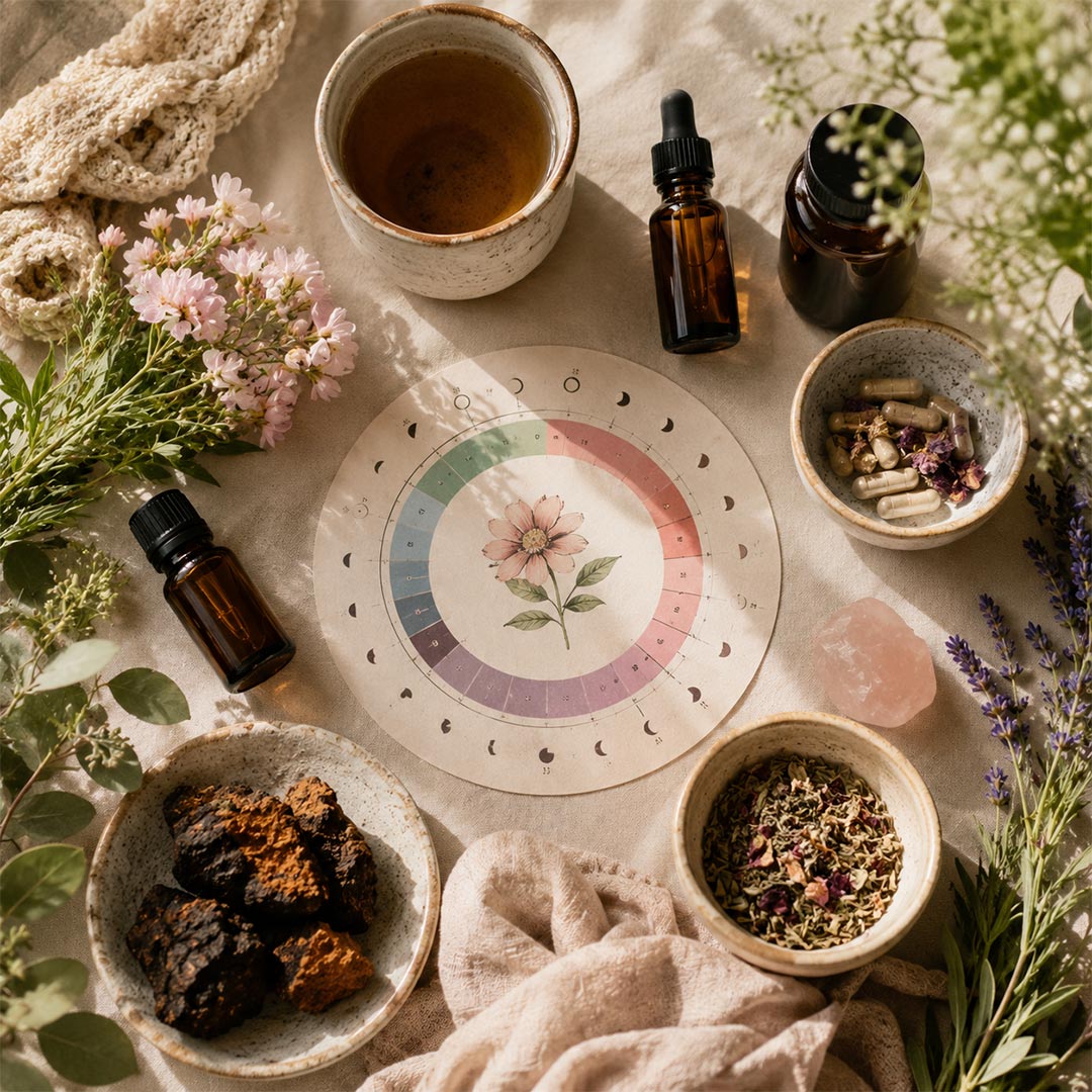Holistic menstrual cycle wellness scene with herbal tea, botanicals, plant extracts, supplements and a menstrual cycle chart.