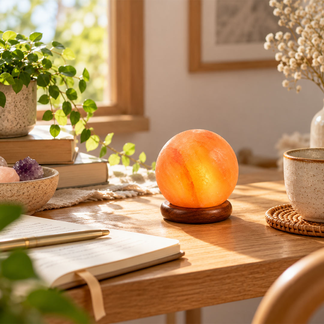 A glowing orange Himalayan Moon salt lamp on a dark wooden base sits on a warm wooden desk in a cozy, sunlit room with books, a plant, and a ceramic mug nearby.