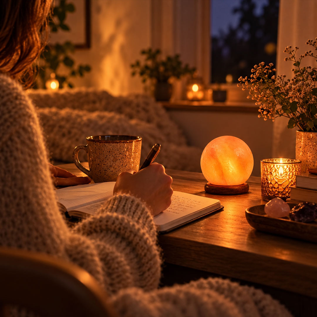 A warm, cozy indoor scene with a person in a knitted sweater writing at a wooden table. On the table are a glowing Himalayan Moon salt lamp, a small candle holder, a mug, and a notebook.
