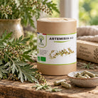 A kraft paper cylindrical bottle labeled 'ARTEMISIA BIO' stands on a rustic wooden surface, surrounded by Artemisia leaves, a small bowl of capsules, and a blurred book in the background.
