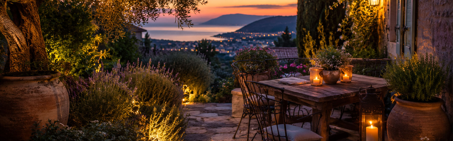 Mediterranean outdoor living space at sunset with a rustic terrace, candlelight, lush garden and panoramic sea views.