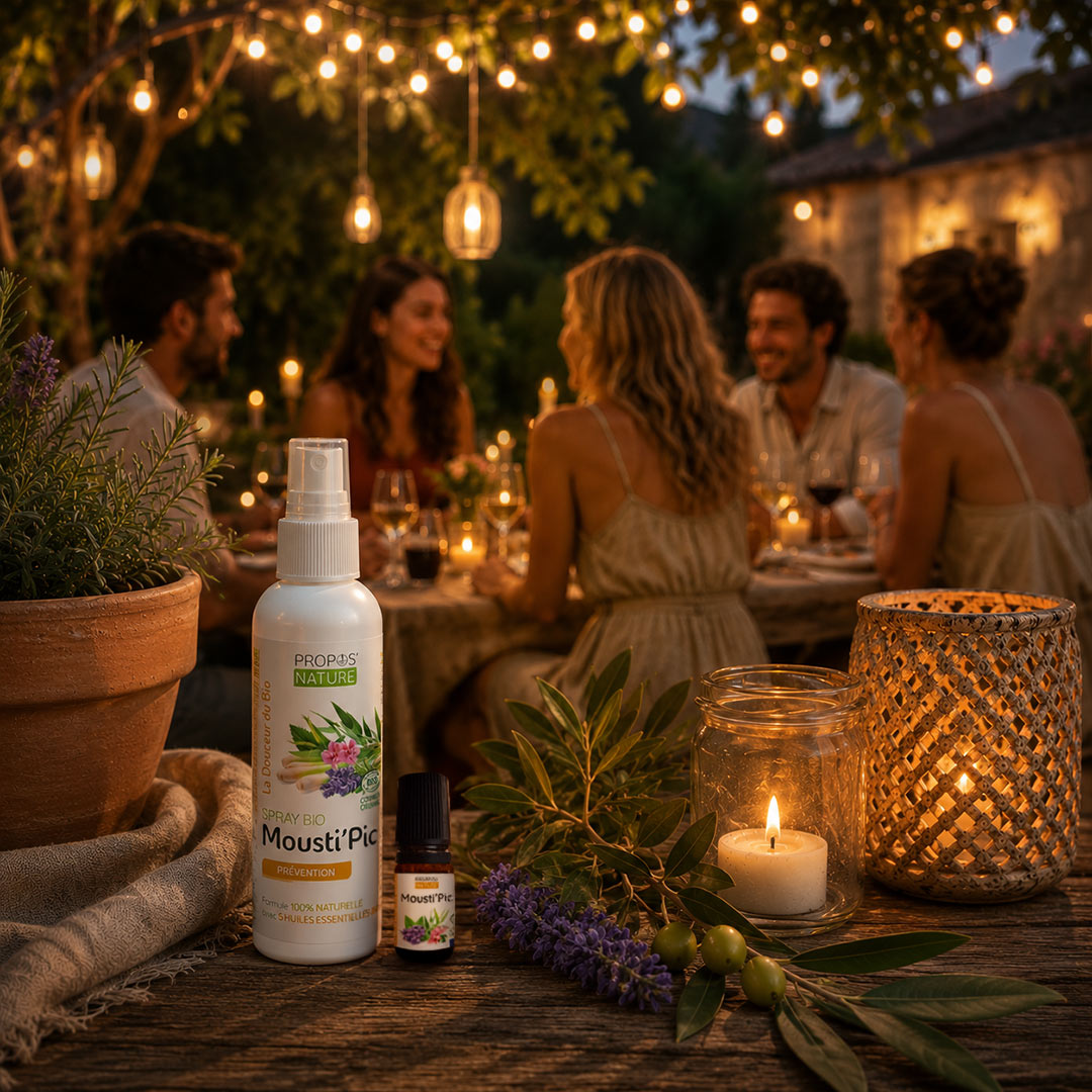 Outdoor evening setting with people dining, Mosquito repellent and soothing products on a table, and warm lighting.