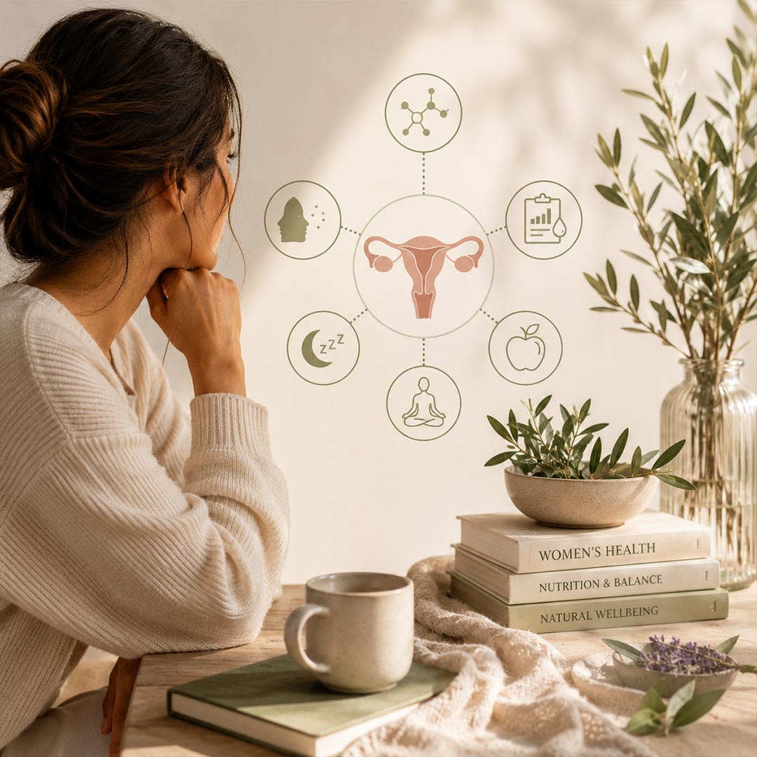 A woman in a cream knit sweater sits at a wooden table, looking at a wall graphic showing a uterus icon surrounded by icons for sleep, nutrition, mental health, and wellness. The scene is styled with a mug, books, a small plant, and a glass vase with branches in a warm, natural light setting.