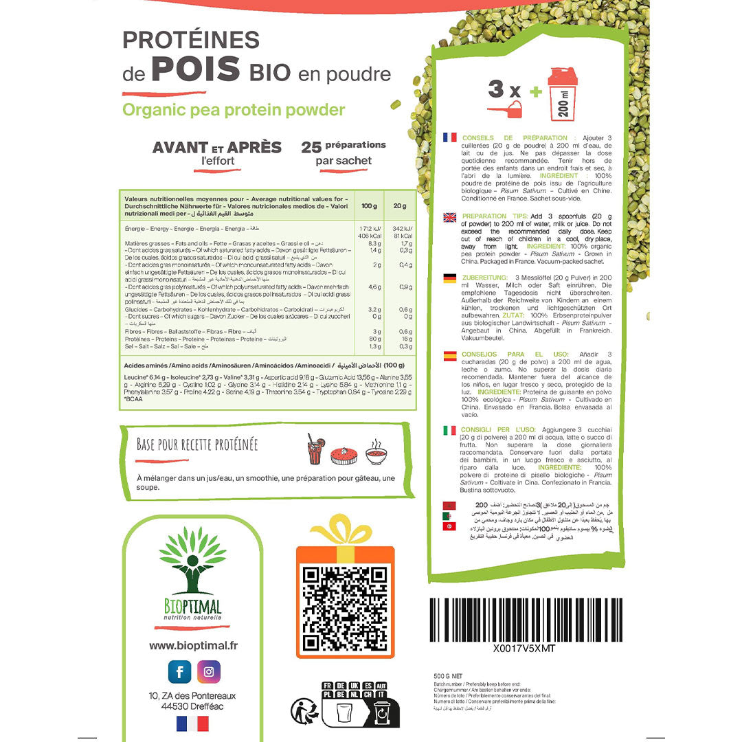 Back of a package of Bioptimal organic pea protein powder, showing nutritional information, serving suggestions, ingredients, and a barcode on a white background with green and red accents.
