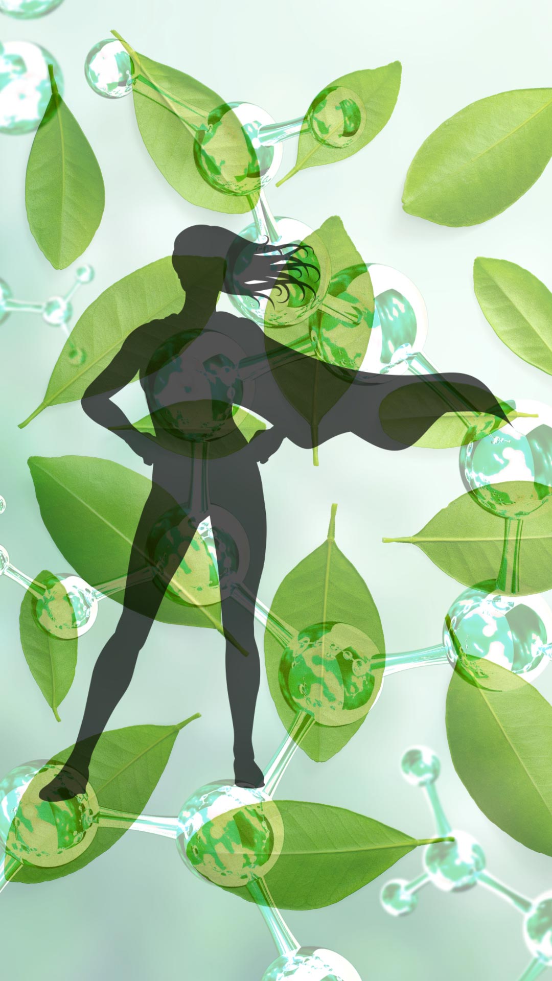 Petitgrain leaves background with molecules and Super hero shadow