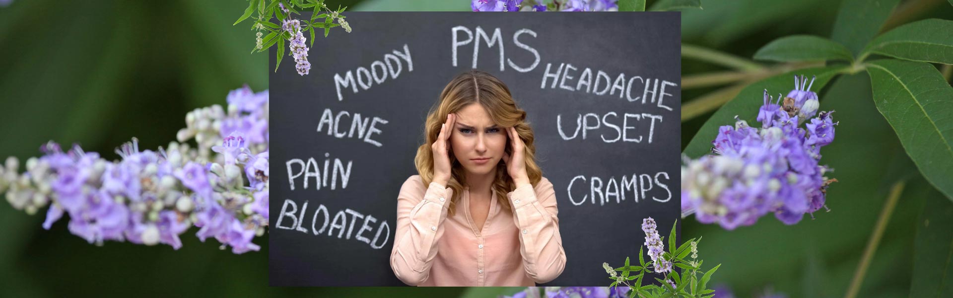 A woman standing in front of a black board with the words PMS, headache, upset, acne, pain, bloated, cramps