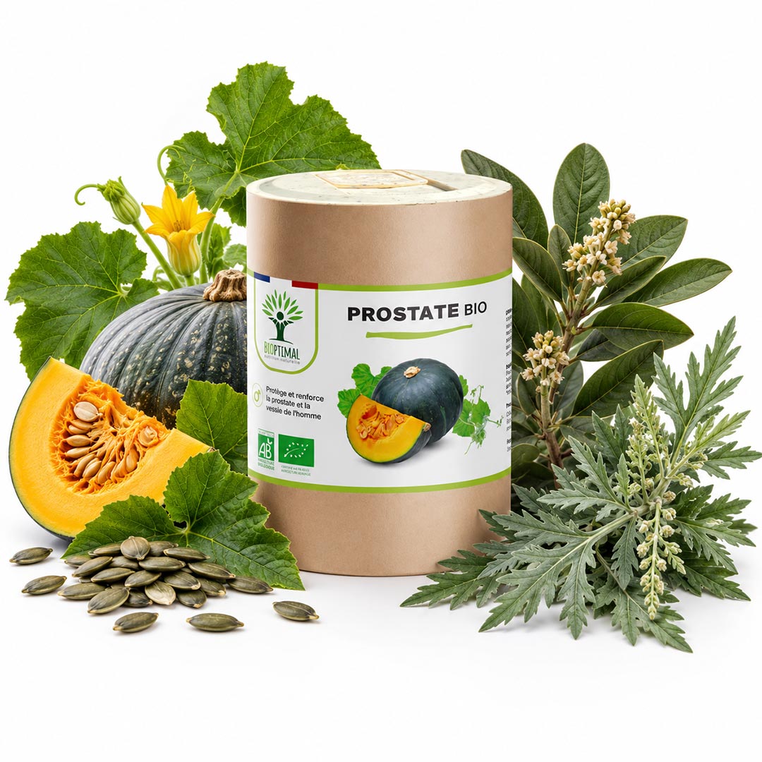A cylindrical kraft paper container labeled 'PROSTATE BIO' by the brand 'Bioptimal' is centered on a white background, surrounded by natural ingredients including a sliced orange pumpkin, a whole green pumpkin, seeds, and leafy green herbs.