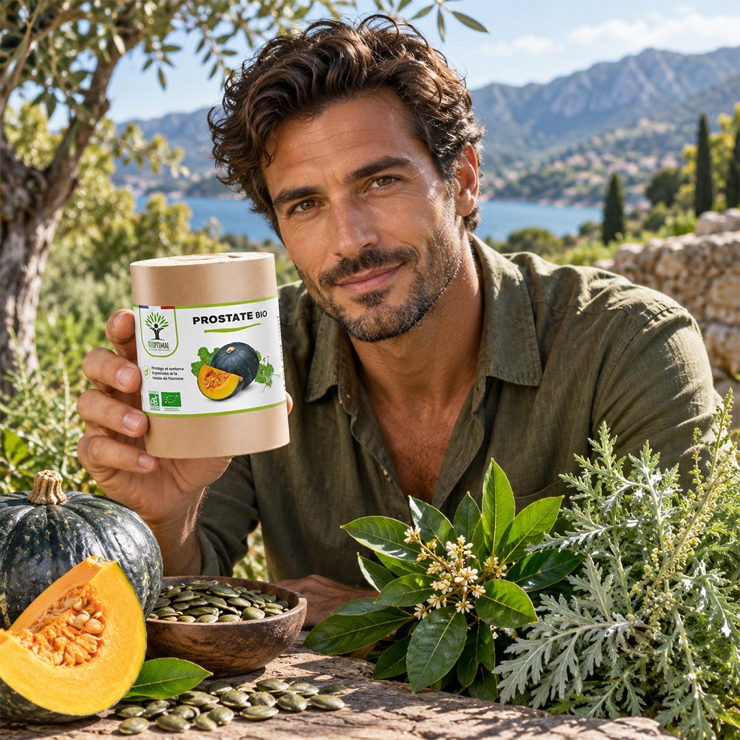A man outdoors holding a beige tub labeled 'PROSTATE BIO' next to a pumpkin, seeds, and green plants, with mountains and water in the background.