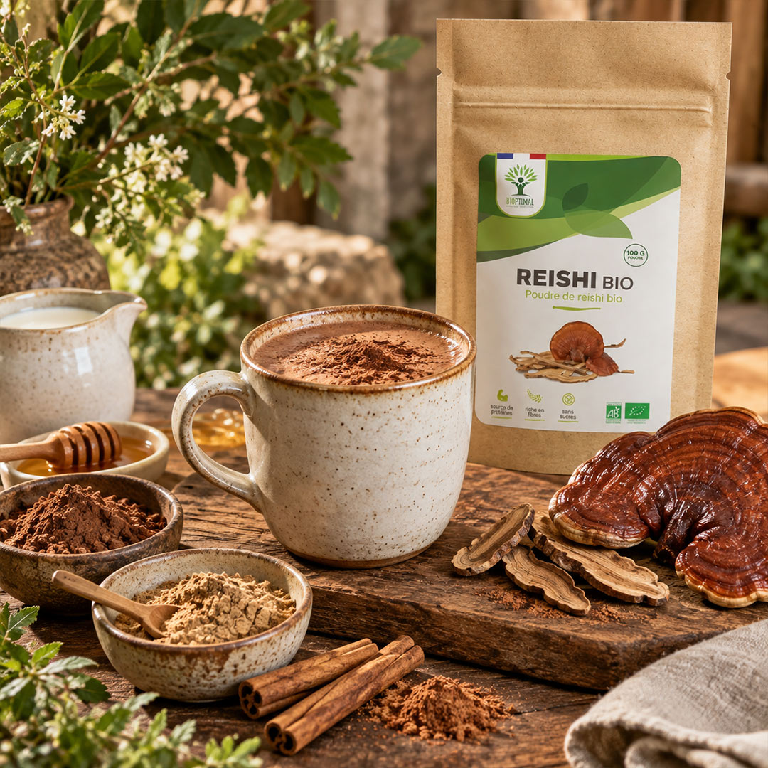 A kraft paper pouch of REISHI BIO Your Own Organic drink stands on a rustic wooden table beside a speckled mug filled with tea and cocoa powder, bowls of loose ingredients, cinnamon sticks, and fresh greenery in a warm, natural setting.