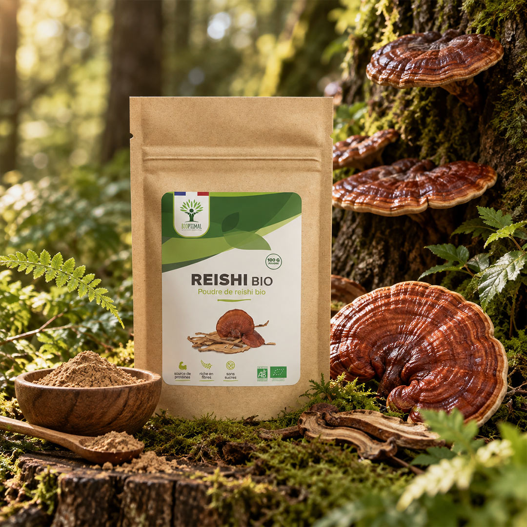 A stand-up pouch of REISHI BIO mushroom powder stands on a mossy forest floor surrounded by real mushrooms, ferns, and tree bark. A small wooden bowl and spoon with powder are in the foreground.