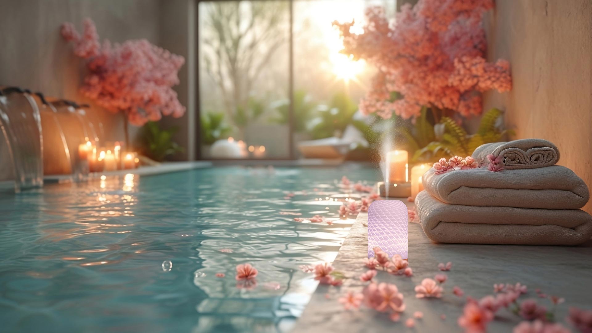 A romantic bath with pink flowers and Innobiz Omelia aroma diffuser standing on the side with pink flowers laying 