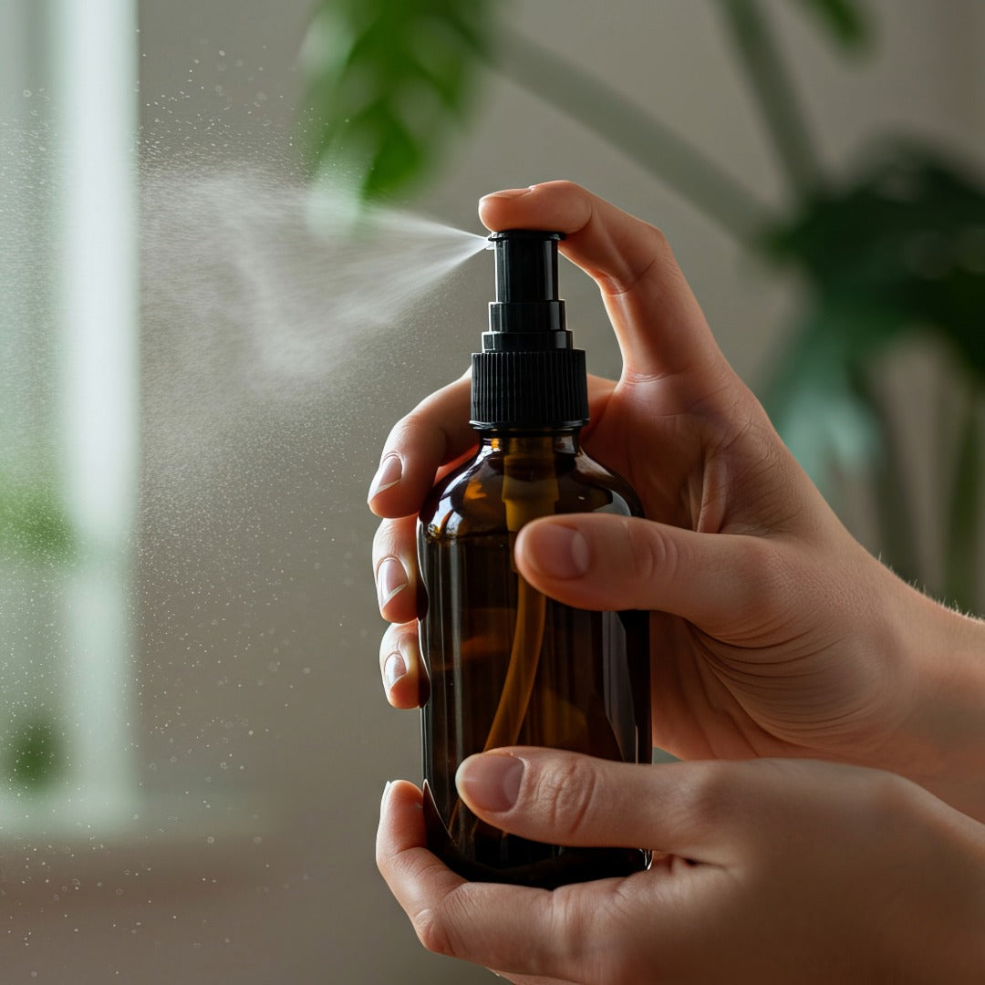 Hand holding a brown spray bottle with a blurred indoor plant background