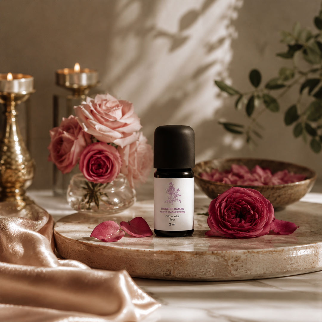 Small bottle with a label on a wooden tray surrounded by pink roses and decorative items.