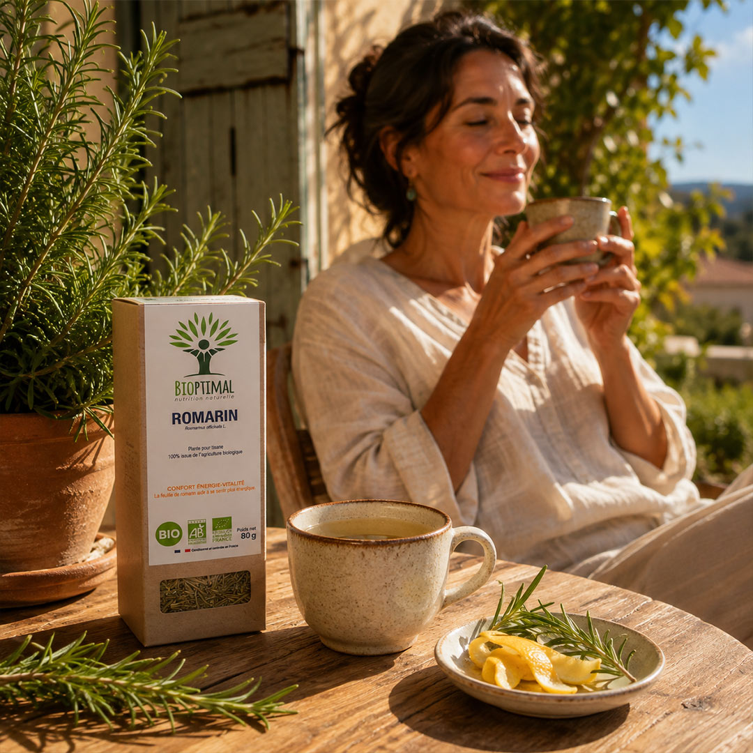 A woman in a white top sits outdoors on a wooden table holding a cup, with a box of Bioptimal Rosemarin herbal tea and another cup, lemon slices, and rosemary in the foreground.