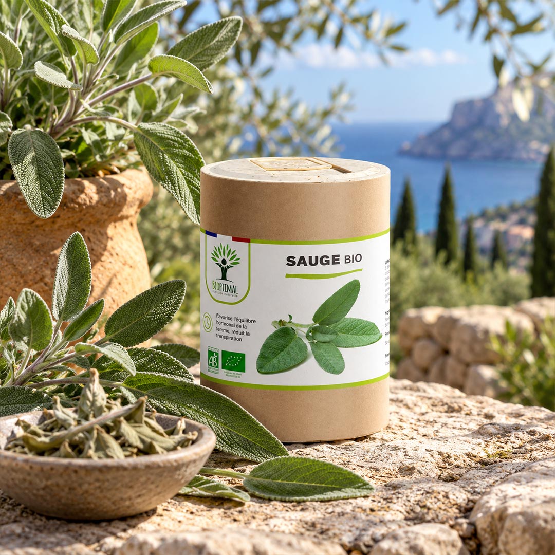 A cylindrical kraft paper jar labeled 'SAUGE BIO' with a white and green label, placed outdoors on a stone surface with fresh sage leaves and a small bowl of dried herbs in the foreground, and a scenic coastal landscape in the background.