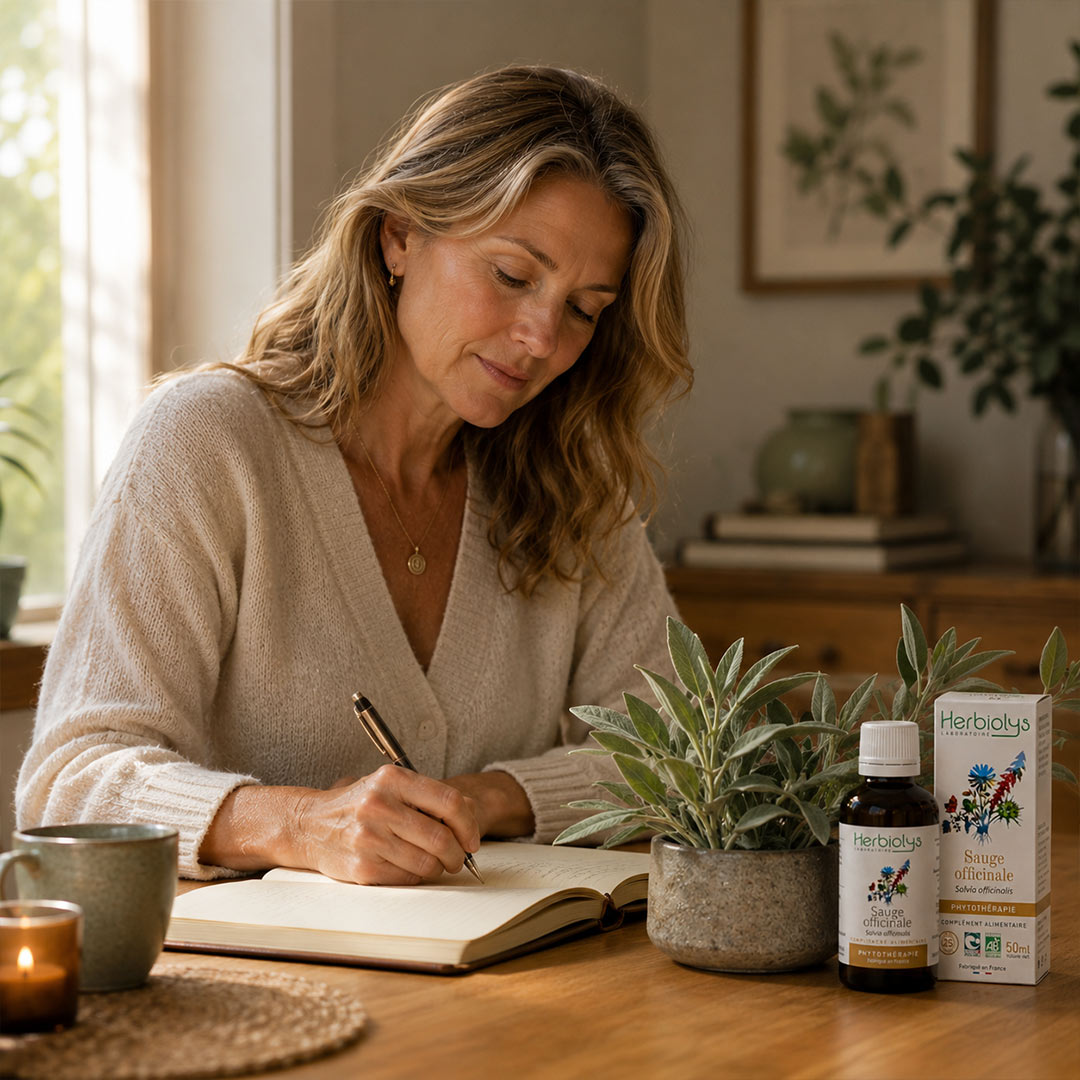 Woman writing in a notebook at a table with plants and a bottle and box of Sage Extract.