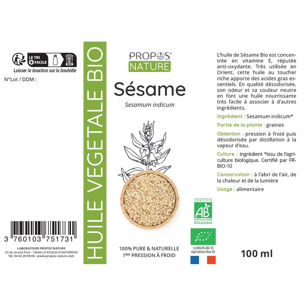 Laboratoire Propos'Nature Sesame Organic Virgin Vegetable Oil - Elliotti