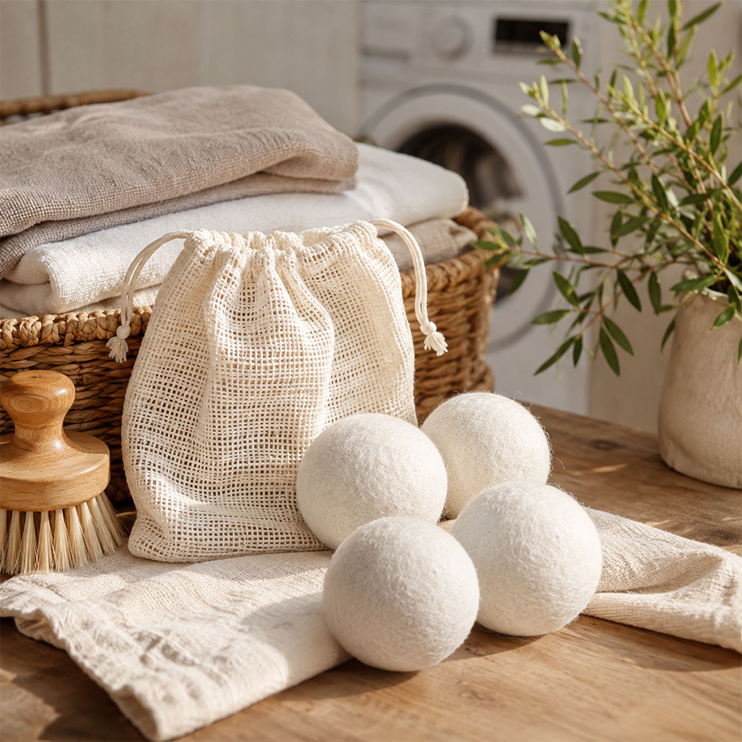 Four white wool dryer balls displayed on a wooden table next to a natural beige drawstring bag, a wicker basket with folded towels, a wooden brush, and a potted plant in a bright, airy laundry room setting.