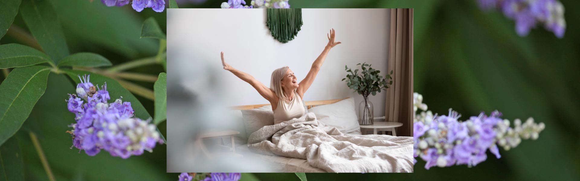 A middle-aged woman waking up feeling happy and refreshed