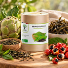 A cylindrical kraft paper canister labeled 'MINCEUR BIO' stands on a wooden surface surrounded by tea leaves, an artichoke, and red berries. The canister label shows the brand 'Bioptimal' and includes green leaves and a small bowl of leaves.