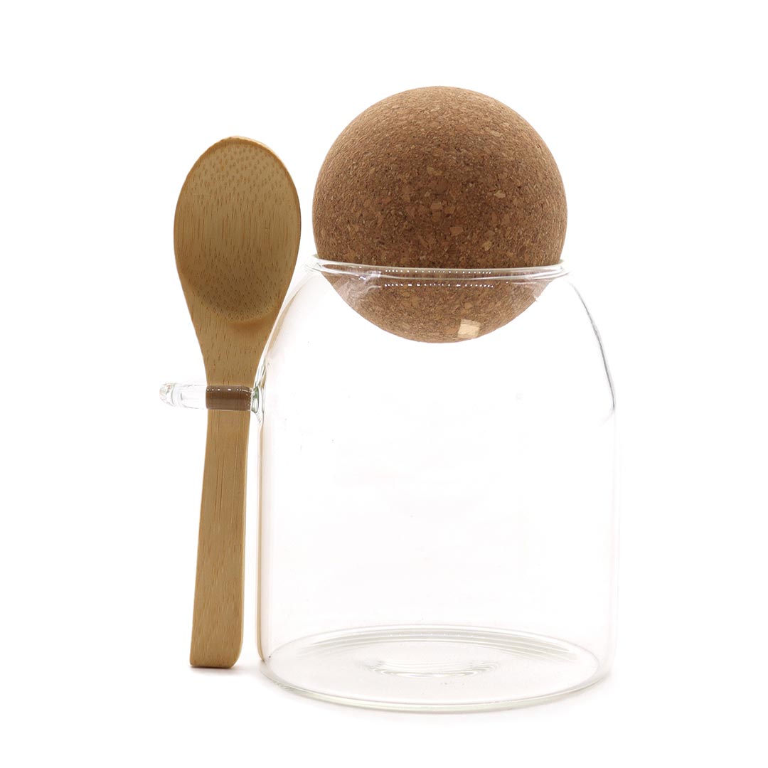 Petit pot en verre avec boule en liège et cuillère, 10 cm - Elliotti